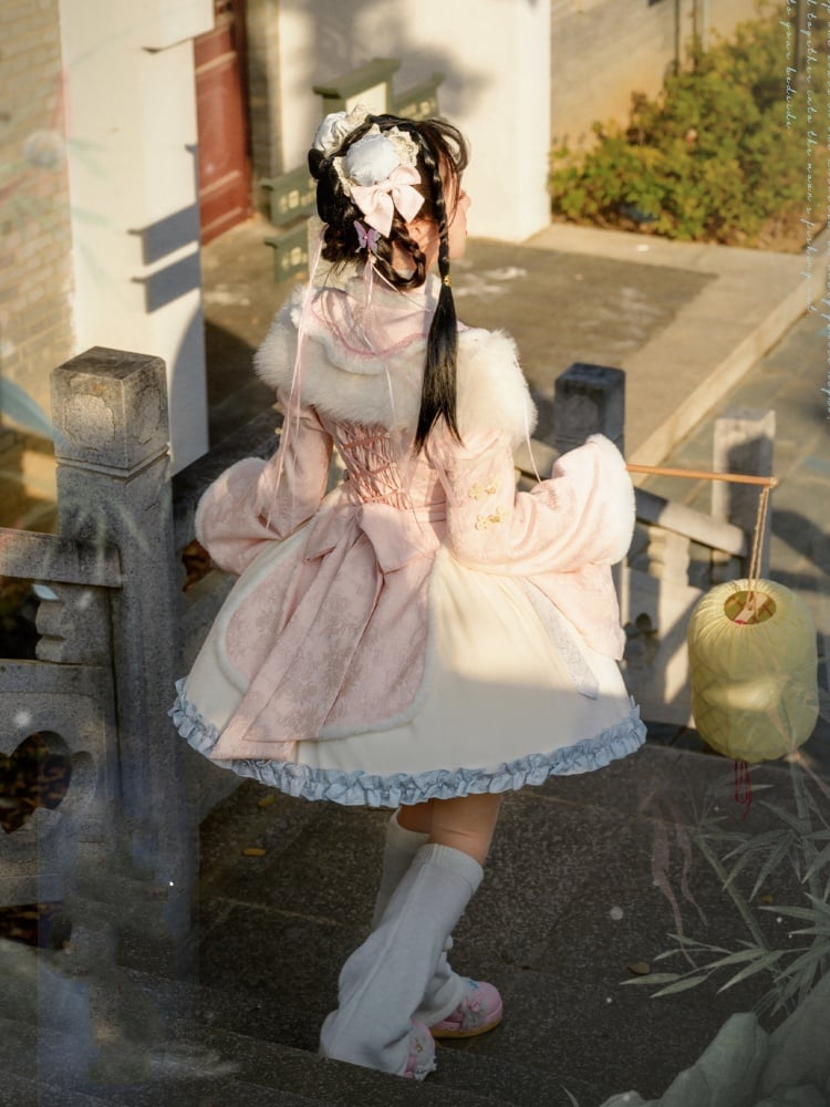 Pink High Waist White Plush Trim Neckline and Cuffs Qi One Piece - Sukuroi