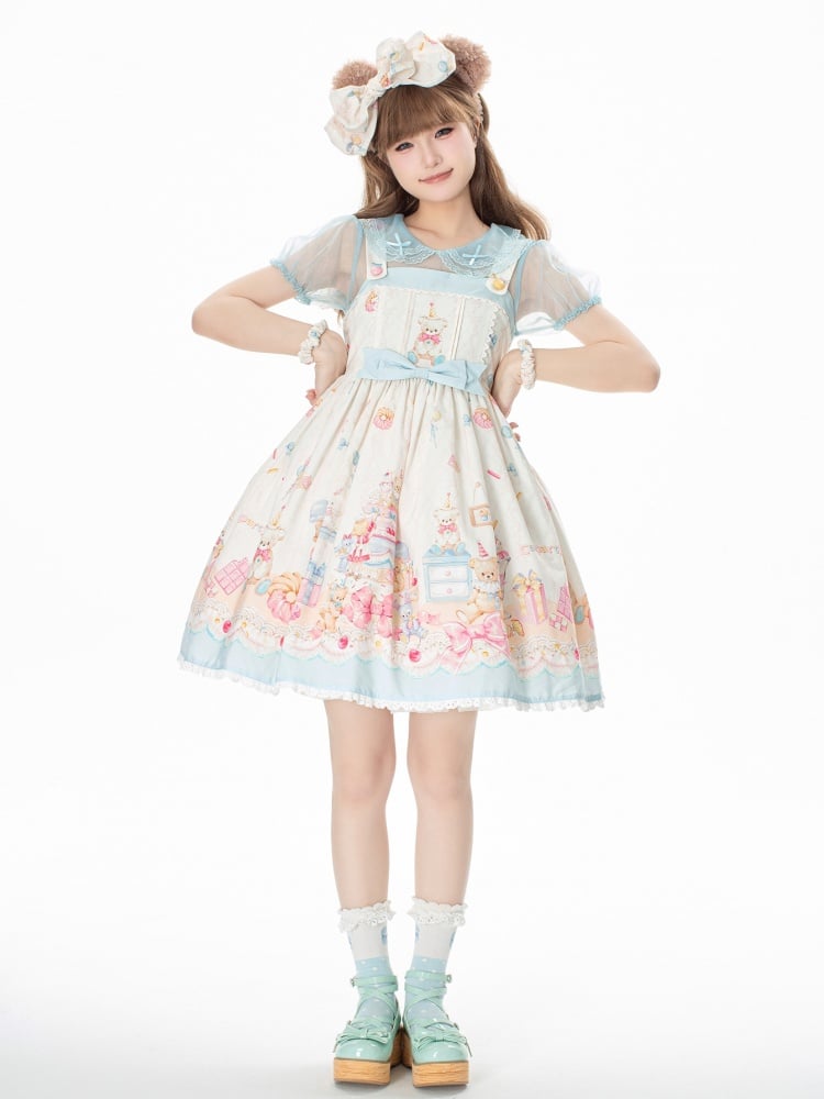 Sweet Teddy and Dessert Print High Waist Jumper Skirt