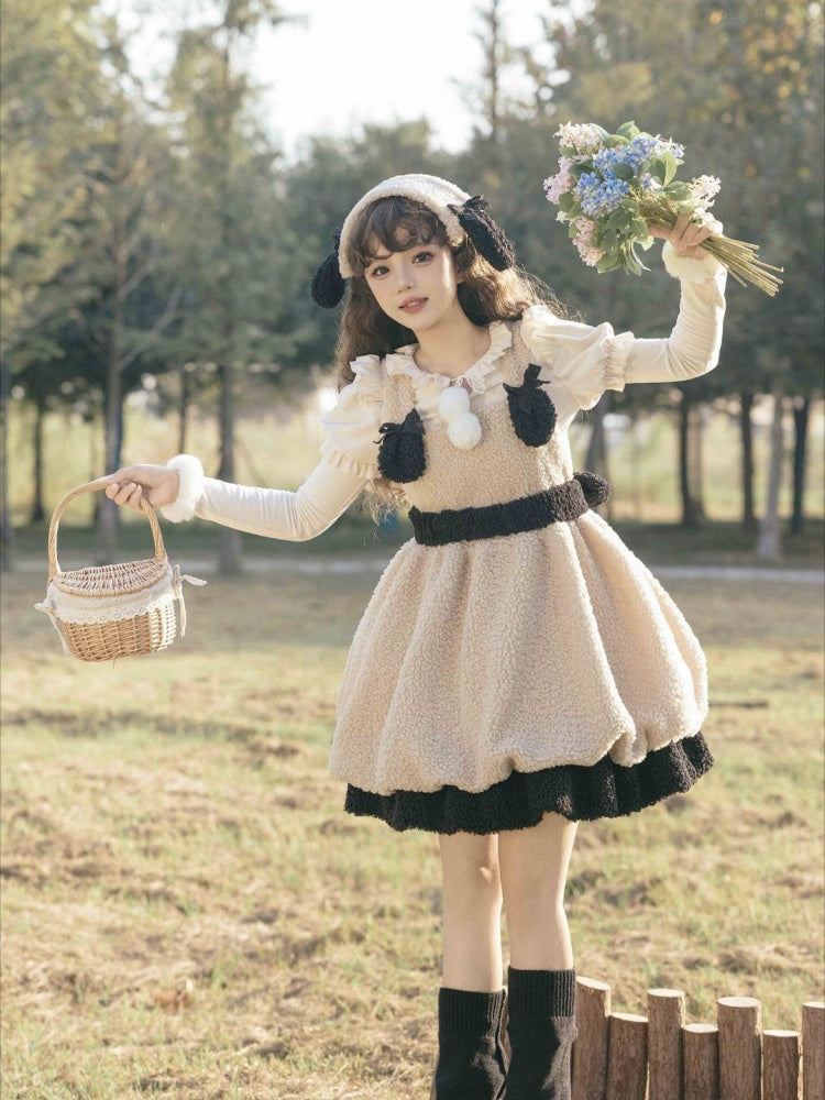 Winter Fleece Bubble Jumper Skirt Detachable Plush Lamb Ears