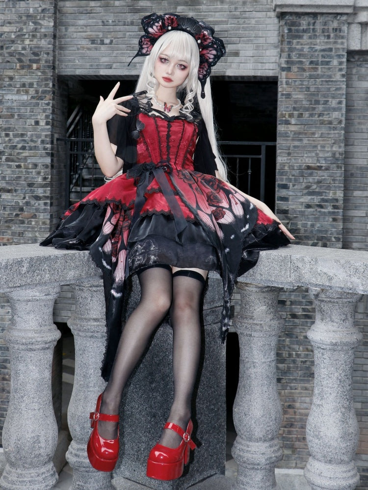 Wine Red Butterfly Jumper Skirt Gothic Princess Dress with Butterfly Train