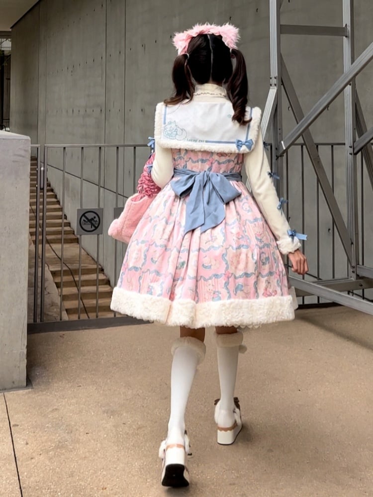 Kitty Embroidery Collar Sweet Pink and Blue Winter Jumper Skirt - Sukuroi