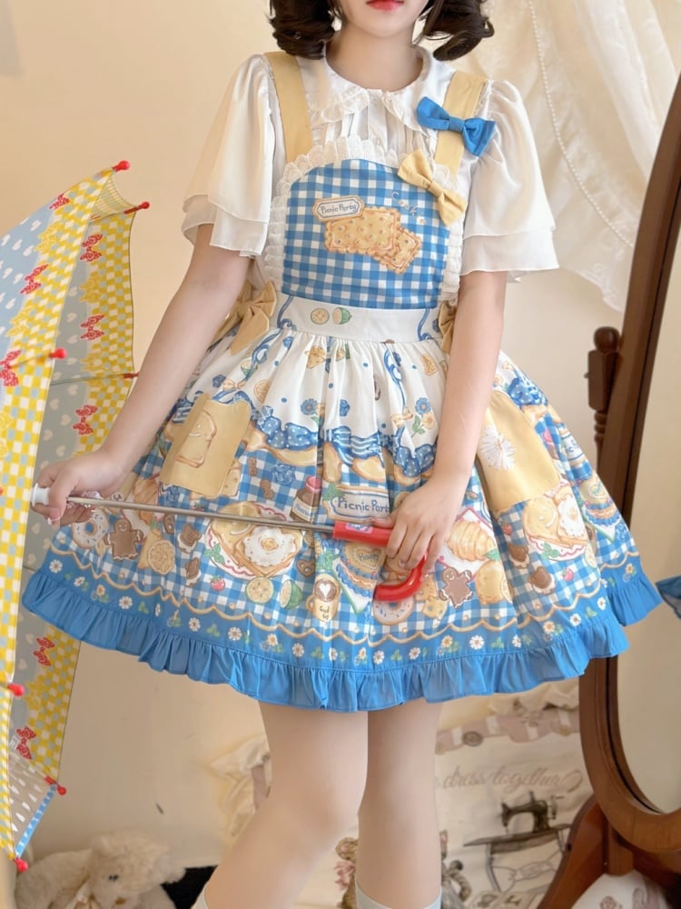 Yellow and Blue Gingham Pattern Sweet Dessert Print Overalls