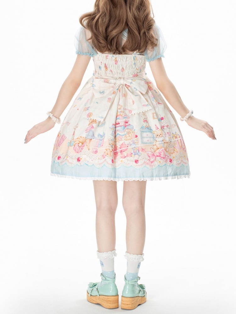 Sweet Teddy and Dessert Print High Waist Jumper Skirt