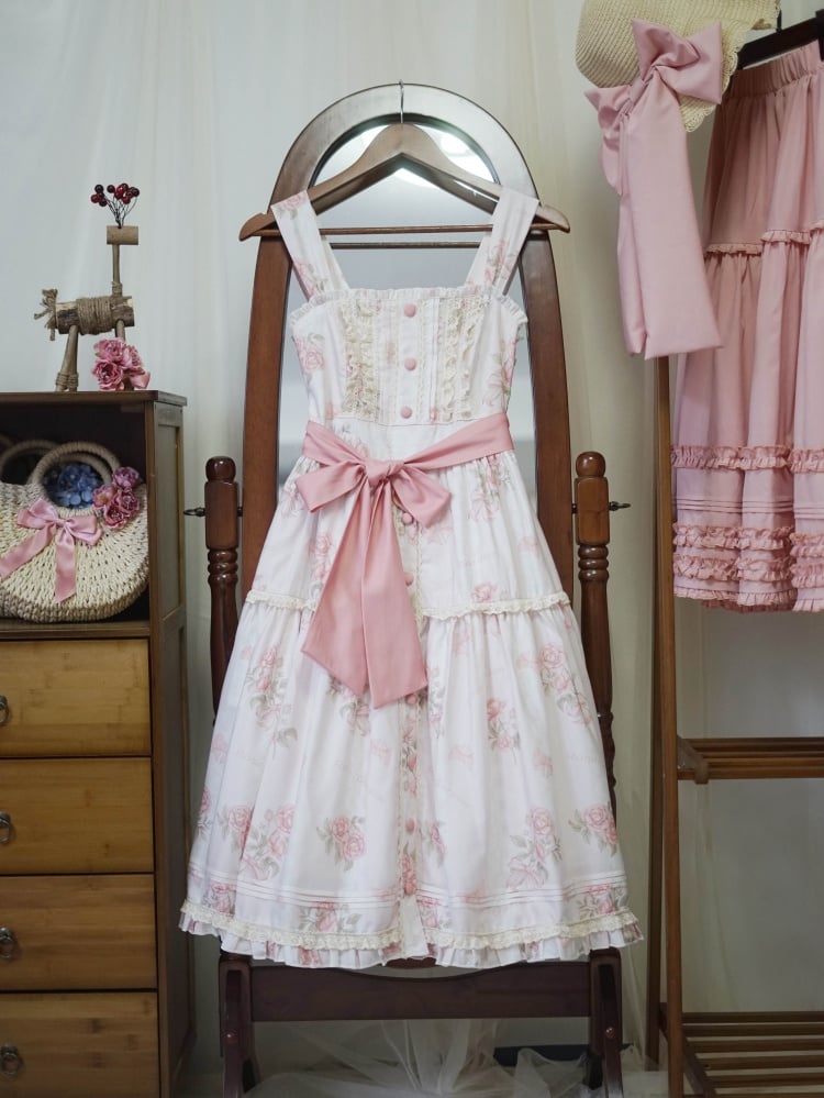 Pink Floral Print Front Button Placket Hem Jumper Skirt - Sukuroi