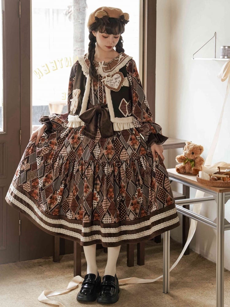 Teddy Diamond Pattern Print Brown Dress for Autumn and Winter