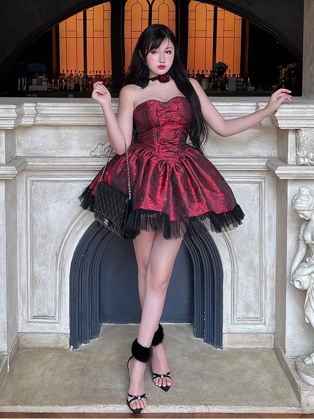 Rosette Print Black and Red Strapless Basque Waist Short Dress