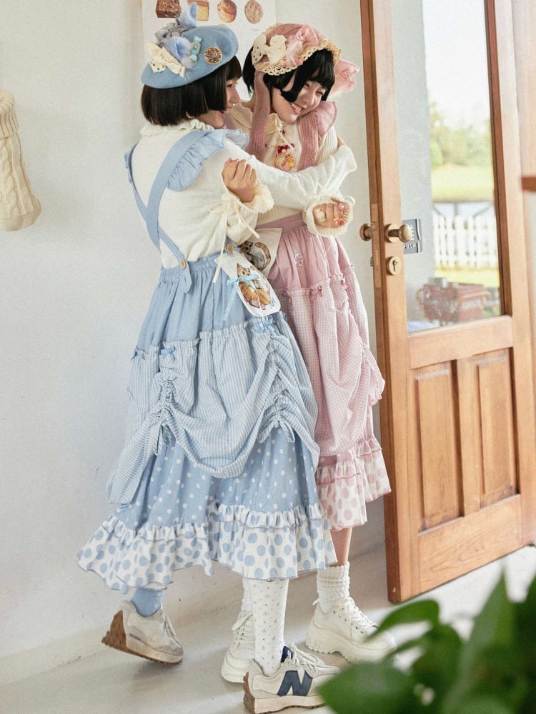 Pink / Blue Polka-dot Overalls Drawstring Hem