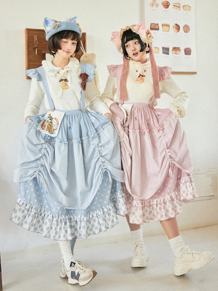 Pink / Blue Polka-dot Overalls Drawstring Hem