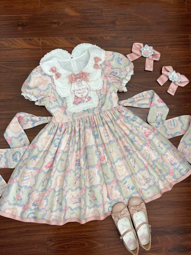 Pink and Green Sweet Kitty Print High Waist One Piece - Sukuroi