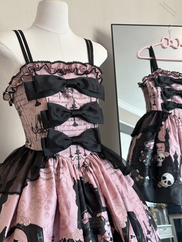 Skull and Coffin Print Boned Basque Waist Jumper Skirt Pink and Black
