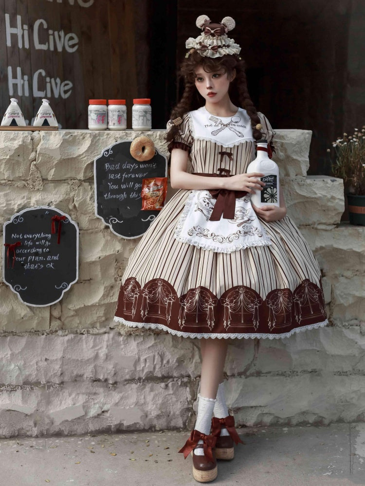 Stripe Pattern Tea Cup Print Apron One Piece Apricot and Coffee