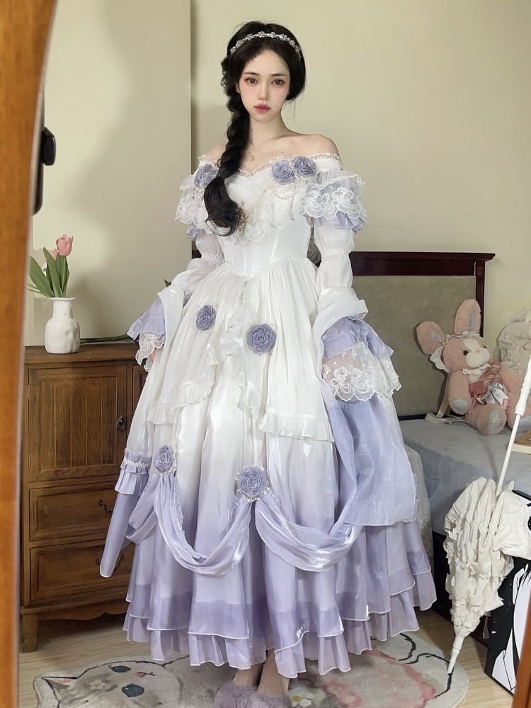 Purple Ombre Quinceanera Fairy Princess Dress Roses Decorated One Piece - Sukuroi