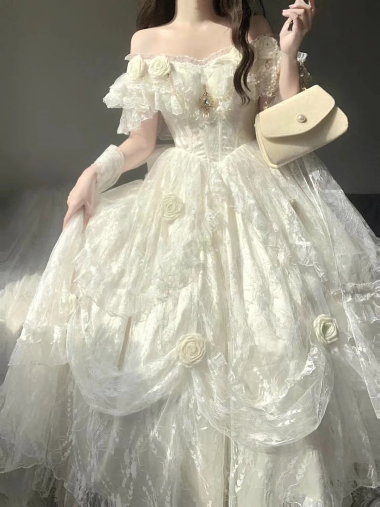 White Princess Lace Dress Floral and Bead Chain Details One Piece - Sukuroi