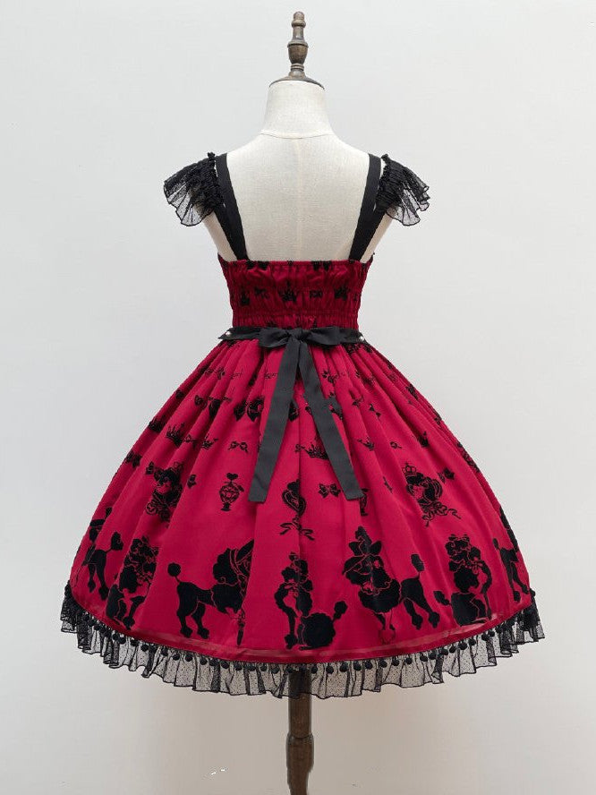 Red Cute Poodle Print Bowknot Sweetheart Neckline Jumper Skirt