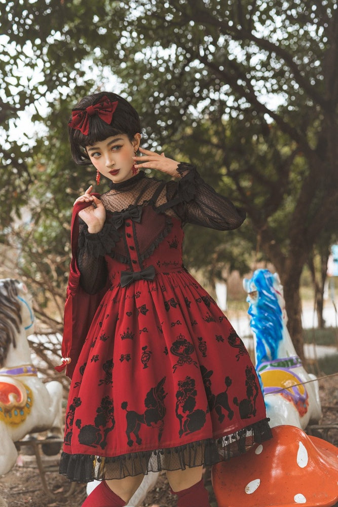 Red Cute Poodle Print Bowknot Sweetheart Neckline Jumper Skirt
