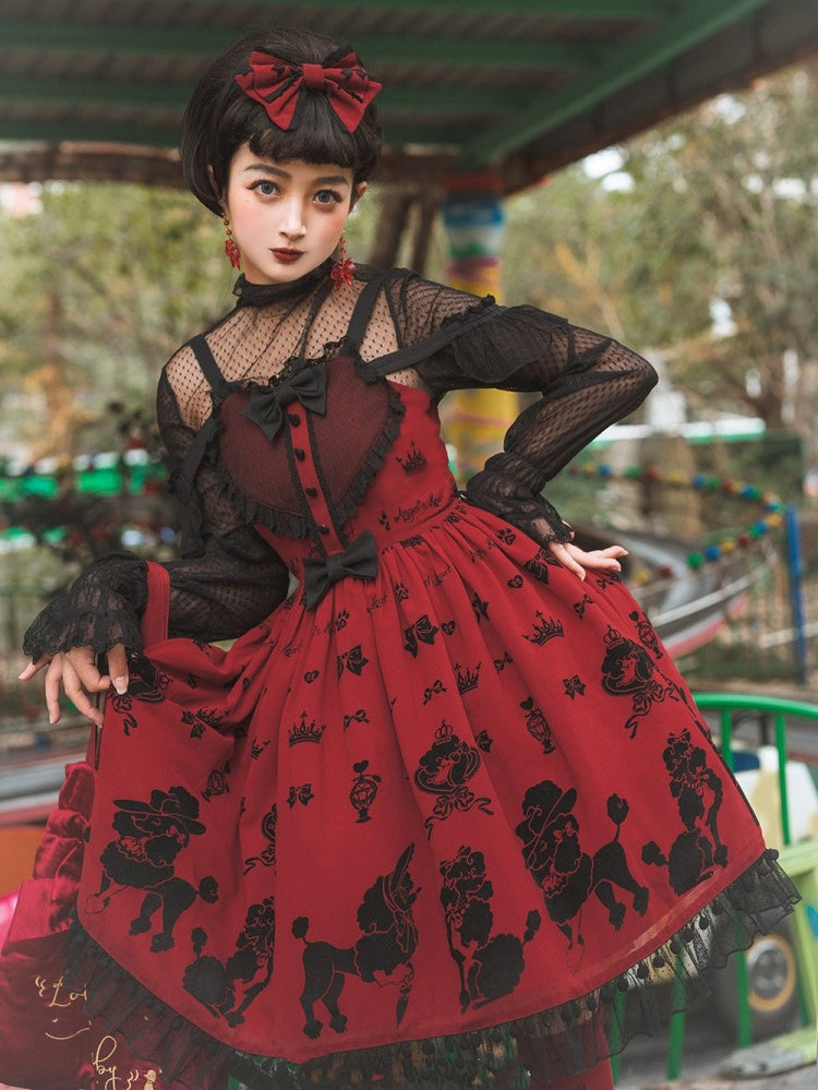 Red Cute Poodle Print Bowknot Sweetheart Neckline Jumper Skirt