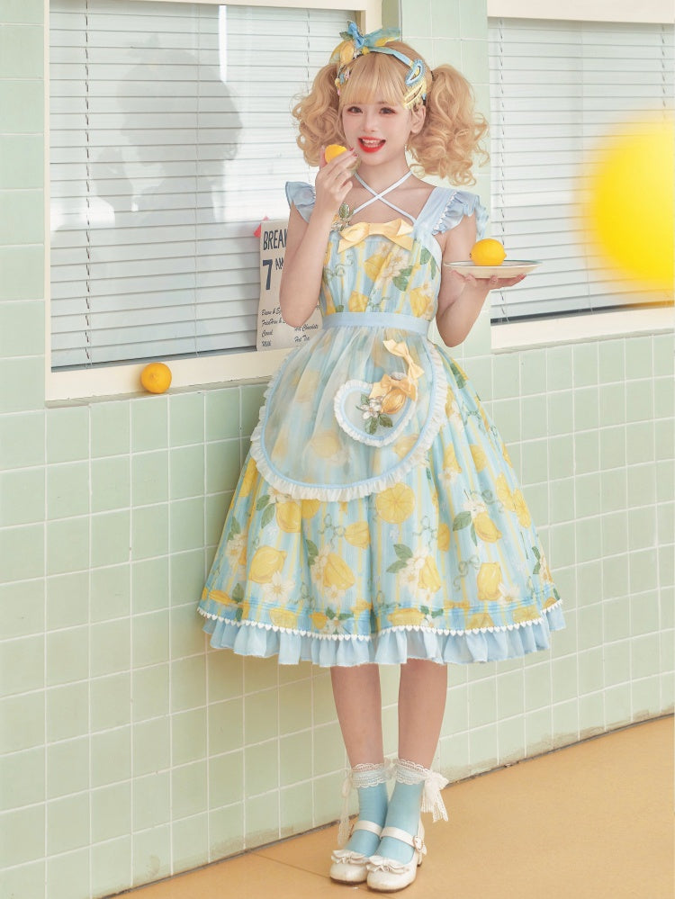 Lemon Print Summer Dress Yellow and Blue Sweet Jumper Skirt