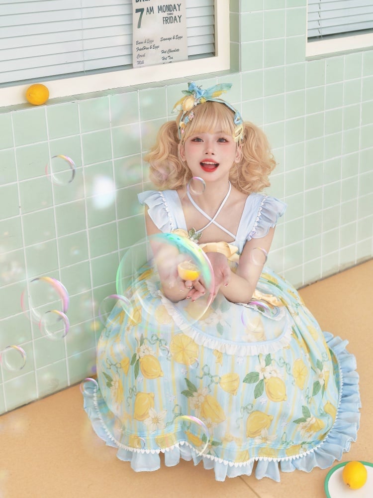 Lemon Print Summer Dress Yellow and Blue Sweet Jumper Skirt