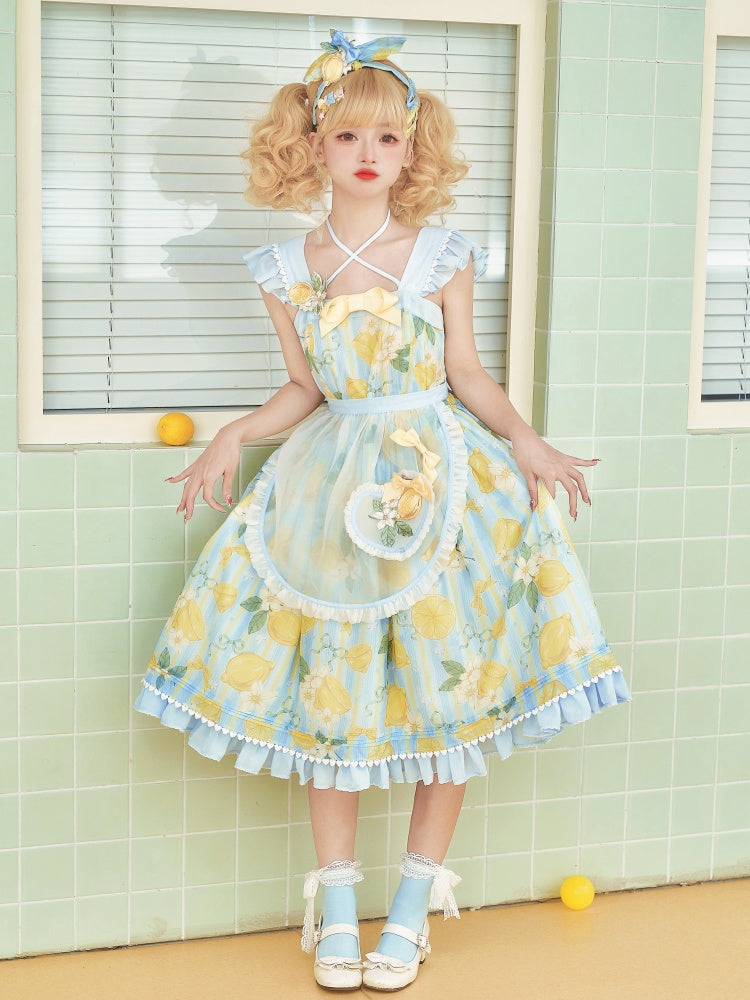 Lemon Print Summer Dress Yellow and Blue Sweet Jumper Skirt