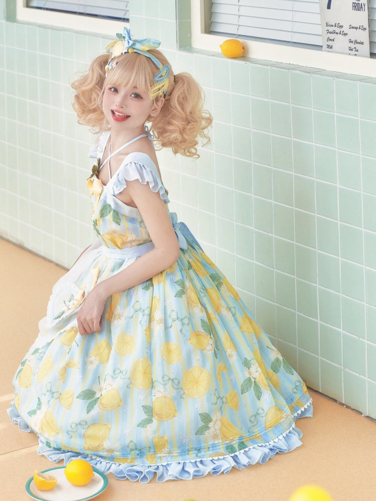 Lemon Print Summer Dress Yellow and Blue Sweet Jumper Skirt