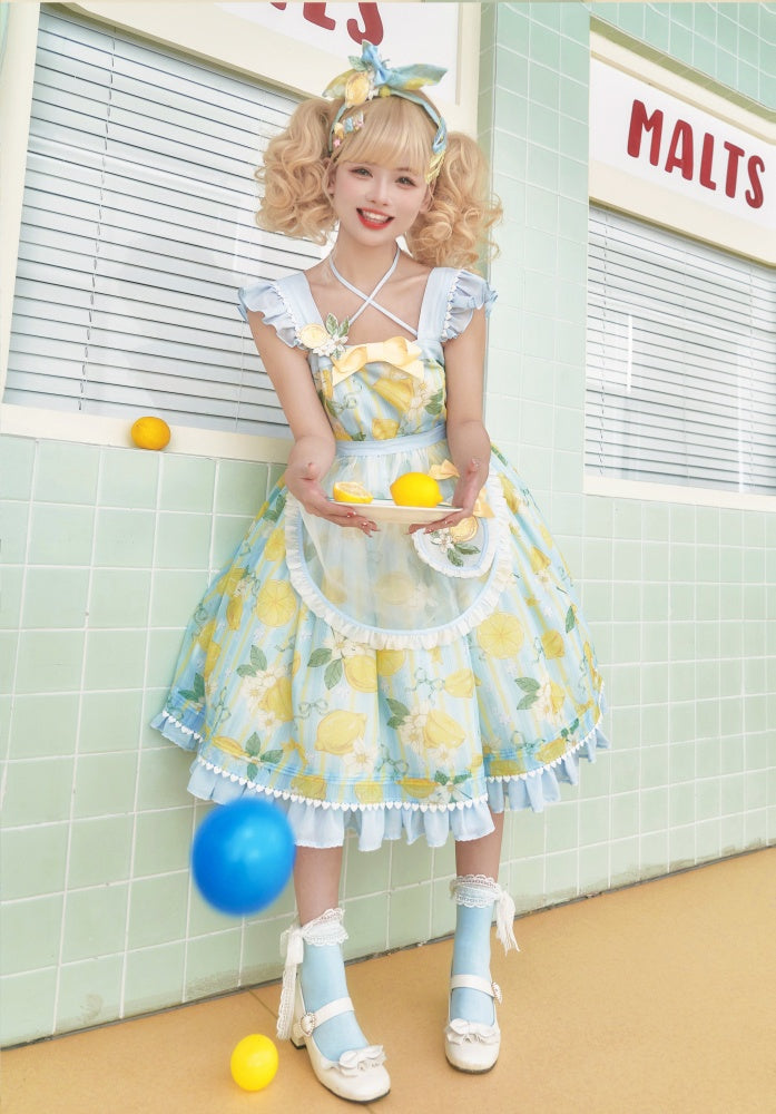 Lemon Print Summer Dress Yellow and Blue Sweet Jumper Skirt