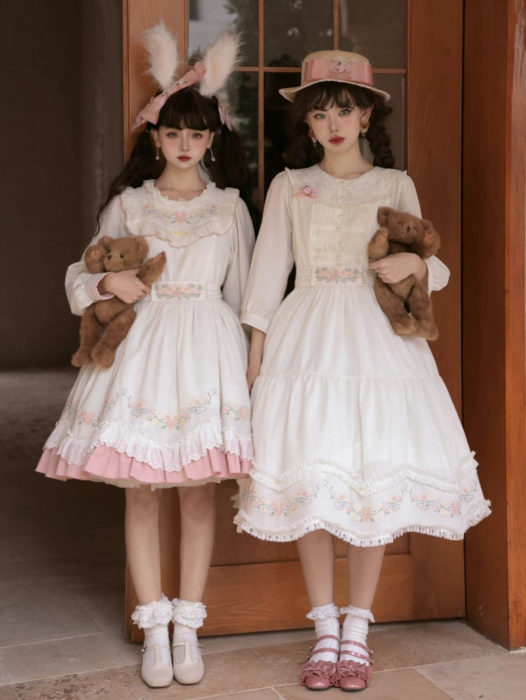 Time Collection White and Pink Peter Pan Collar/Ruffle Round Neck Long Sleeves One Piece