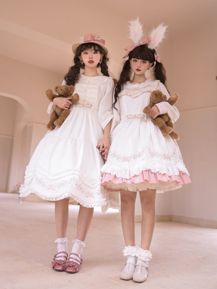 Time Collection White and Pink Peter Pan Collar/Ruffle Round Neck Long Sleeves One Piece