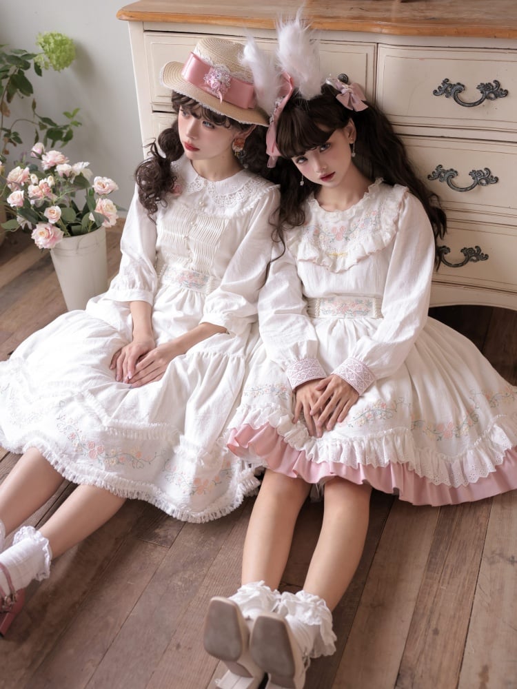 Time Collection White and Pink Peter Pan Collar/Ruffle Round Neck Long Sleeves One Piece