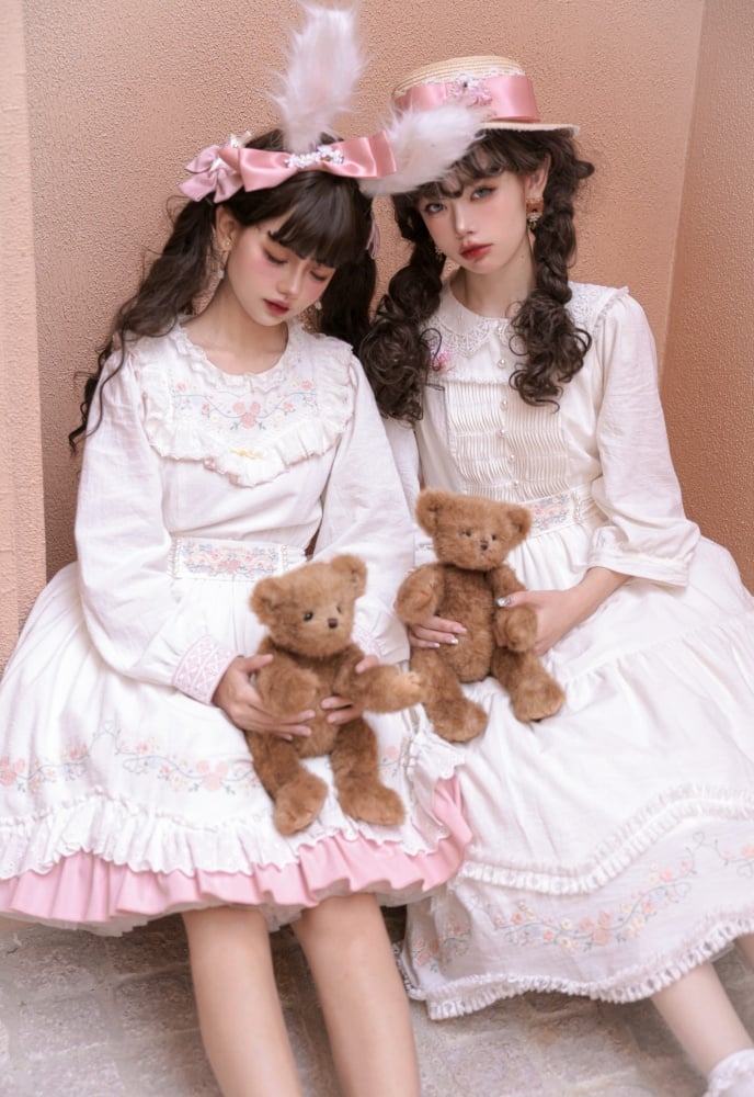 Time Collection White and Pink Peter Pan Collar/Ruffle Round Neck Long Sleeves One Piece