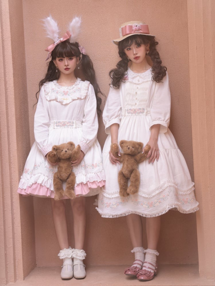 Time Collection White and Pink Peter Pan Collar/Ruffle Round Neck Long Sleeves One Piece