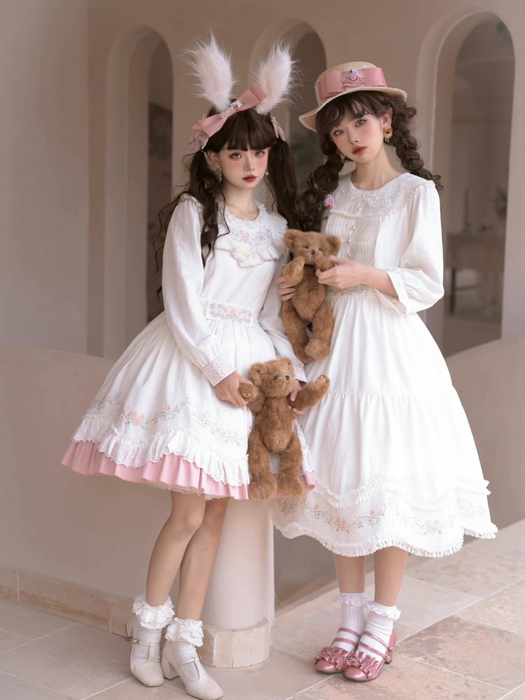Time Collection White and Pink Peter Pan Collar/Ruffle Round Neck Long Sleeves One Piece
