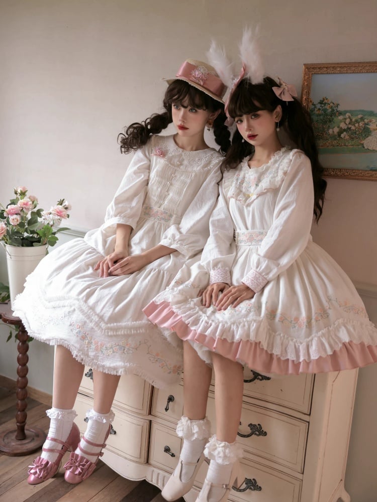Time Collection White and Pink Peter Pan Collar/Ruffle Round Neck Long Sleeves One Piece