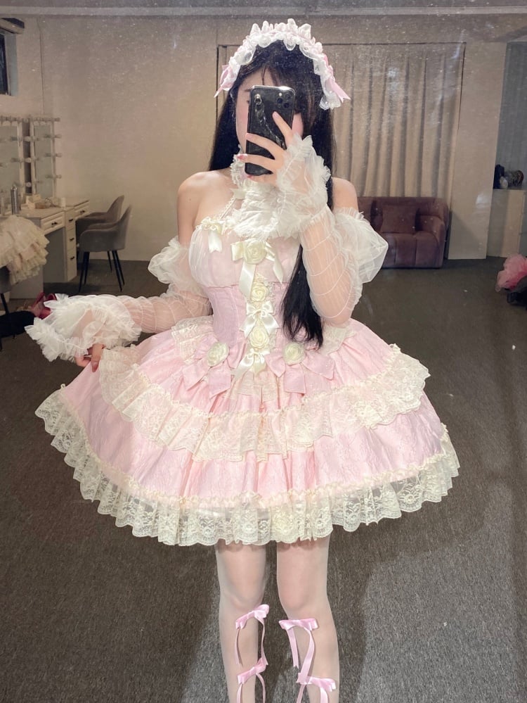 Pink Princess Floral Bowknot Design Corset Dress