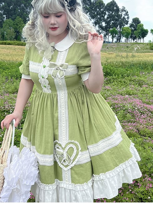 Plus Size Friendly Green Old School One Piece Puff Sleeves Dress