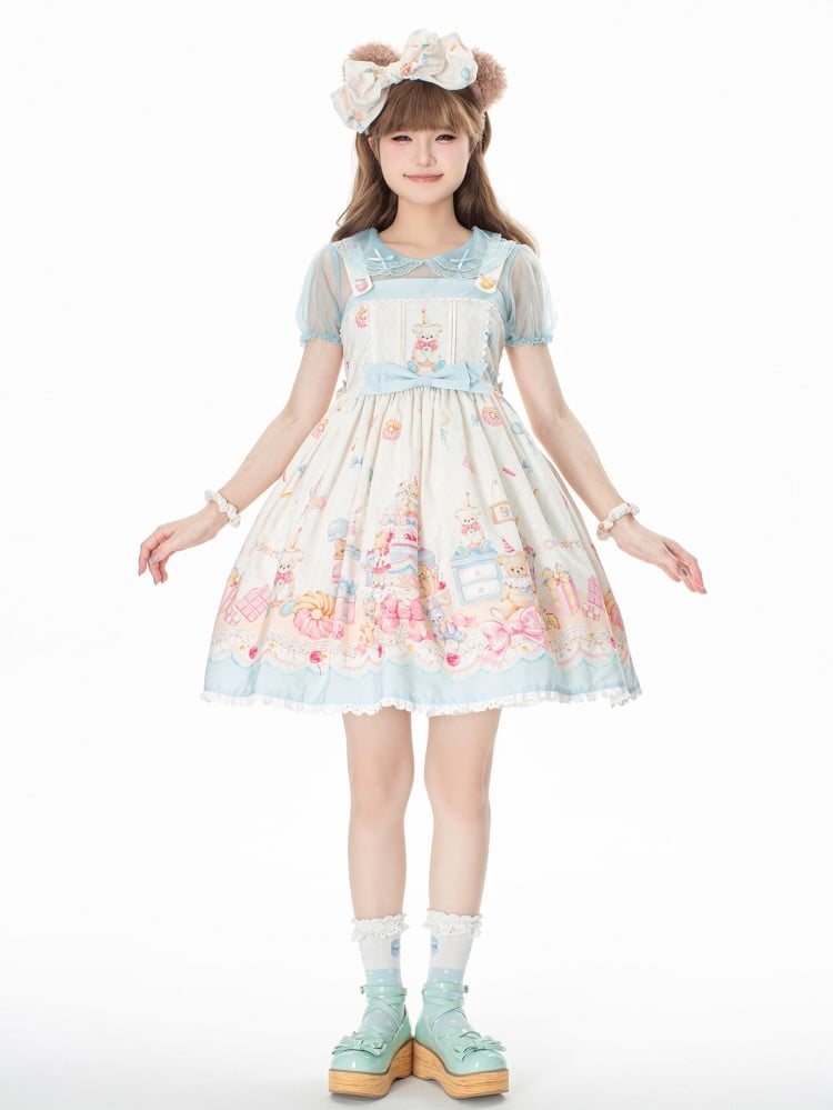 Sweet Teddy and Dessert Print High Waist Jumper Skirt