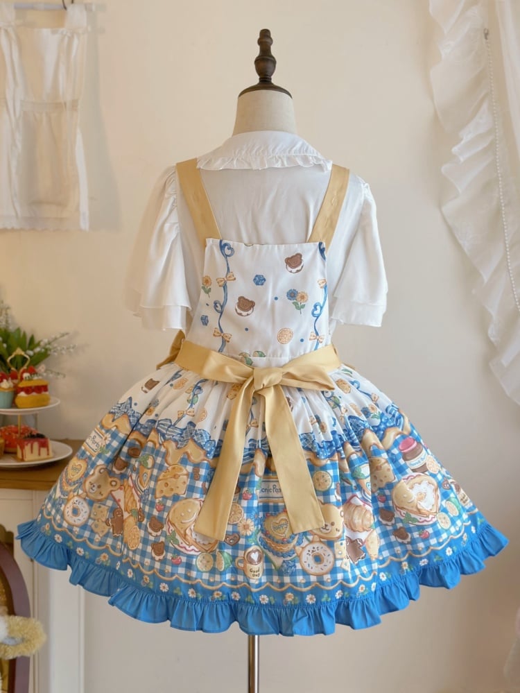 Yellow and Blue Gingham Pattern Sweet Dessert Print Overalls