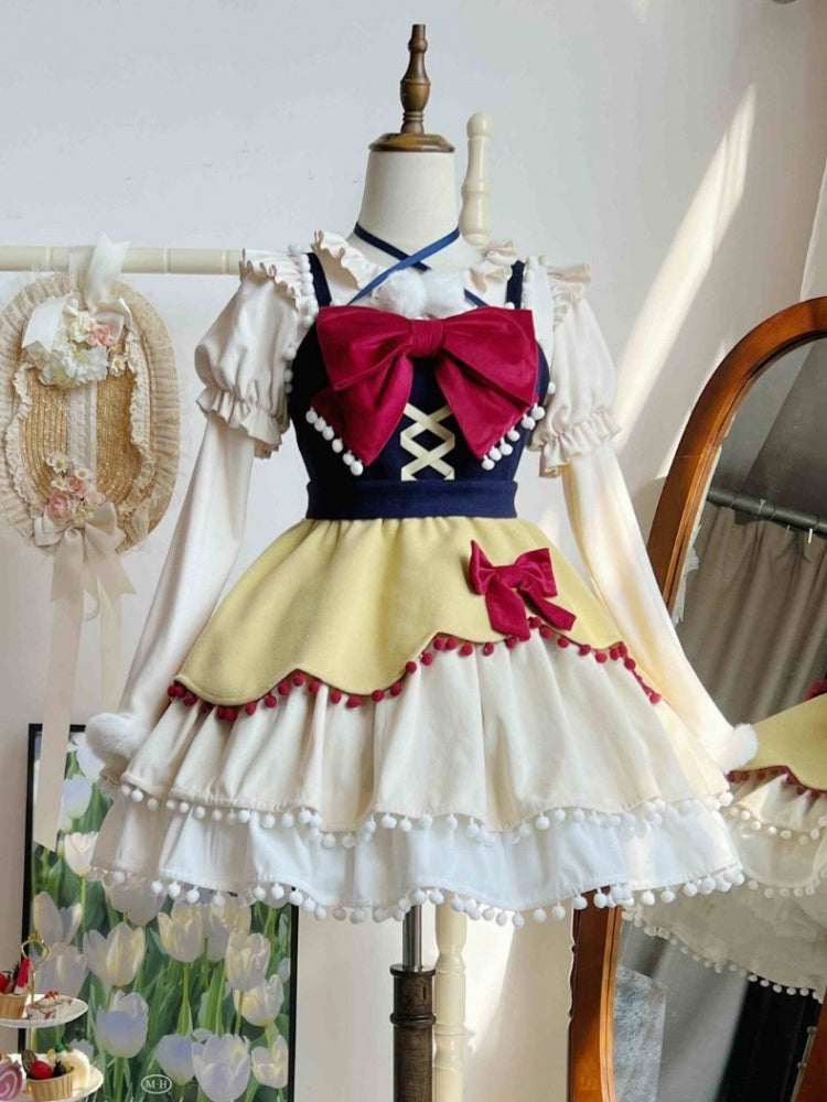 Snow White Dark Blue and Yellow Pompoms Trimmed Jumper Skirt