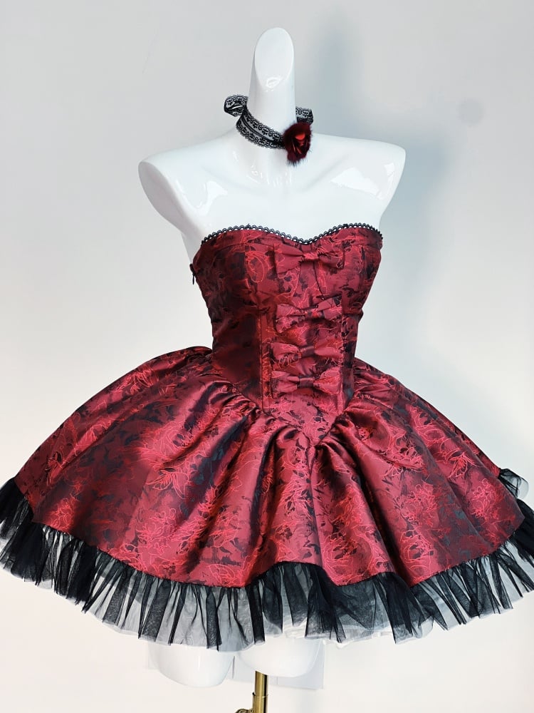 Rosette Print Black and Red Strapless Basque Waist Short Dress