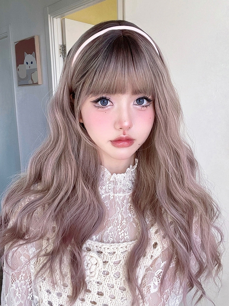 Purple and Grey Ombre Hair Color Medium Length Synthetic Wavy Wig with Full Bangs