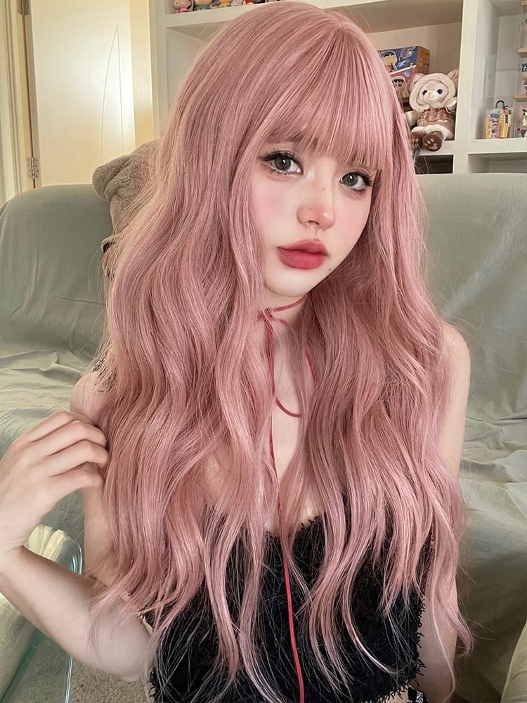 Pink Medium Length Synthetic Wavy Wig with Air Bangs