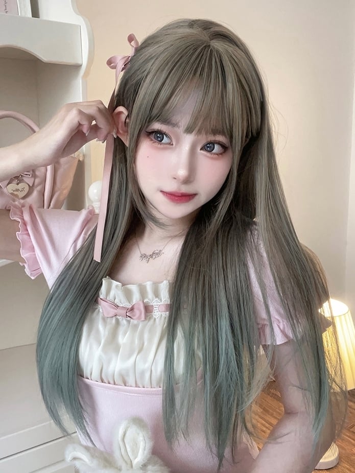 Light Brown and Green Ombre Hair Color Long Straight Synthetic Wig