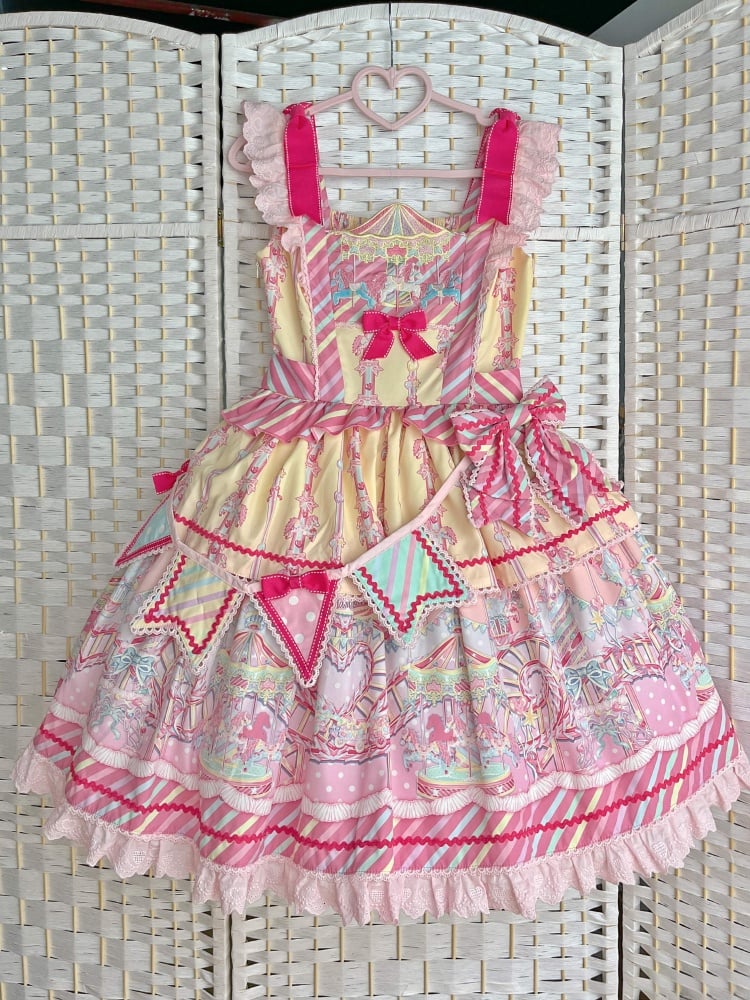 Sweet Yellow Carousel Embroidery Neckline Striped Pattern Jumper Skirt