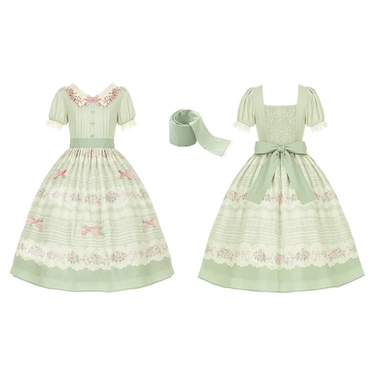 Rose Embroidery Collar Green and Pink Floral Dress One Piece