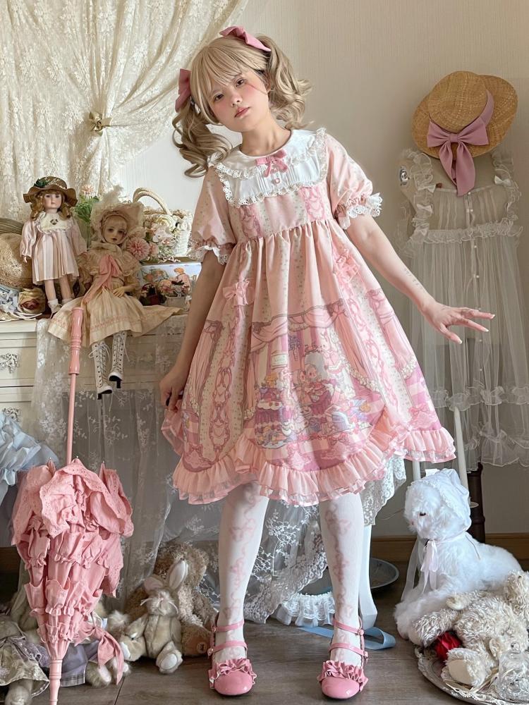 Sweet Rococo Bear, Cat and Rabbit Print Short Sleeves One Piece