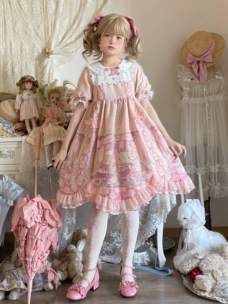 Sweet Rococo Bear, Cat and Rabbit Print Short Sleeves One Piece