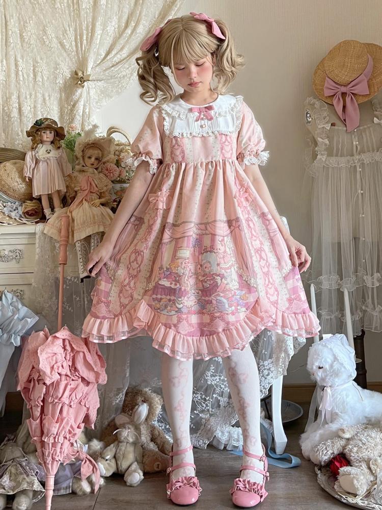 Sweet Rococo Bear, Cat and Rabbit Print Short Sleeves One Piece