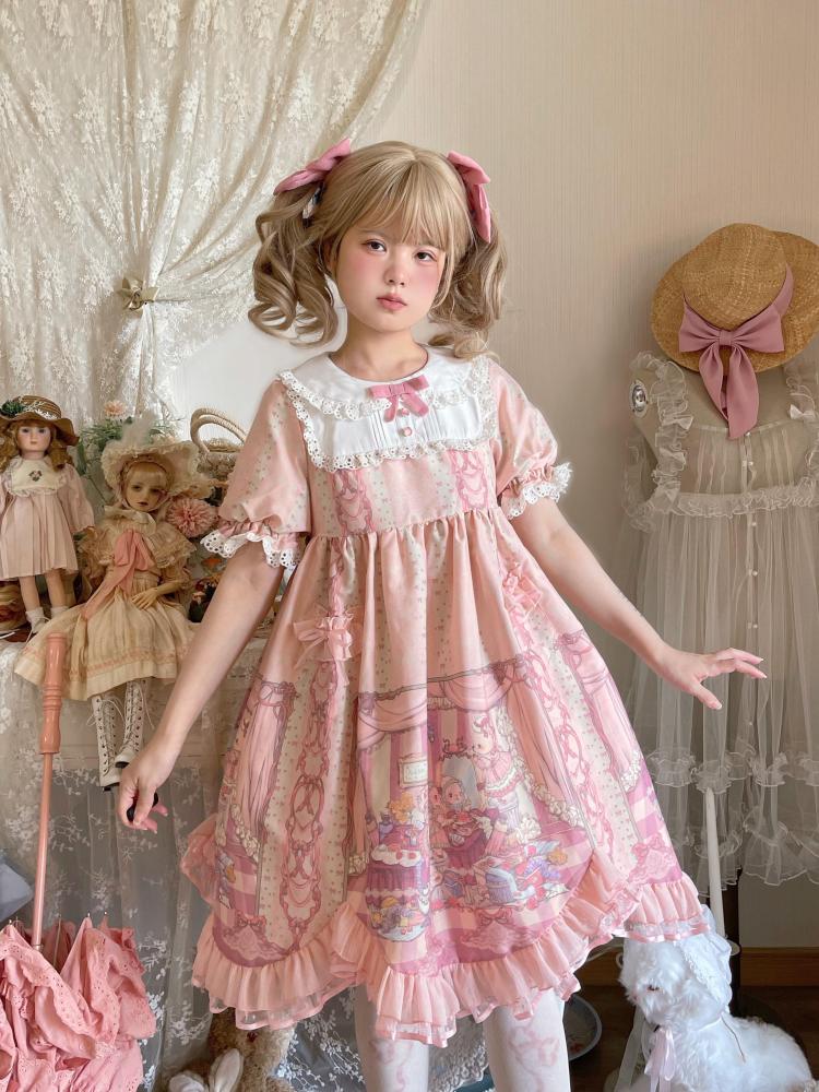 Sweet Rococo Bear, Cat and Rabbit Print Short Sleeves One Piece