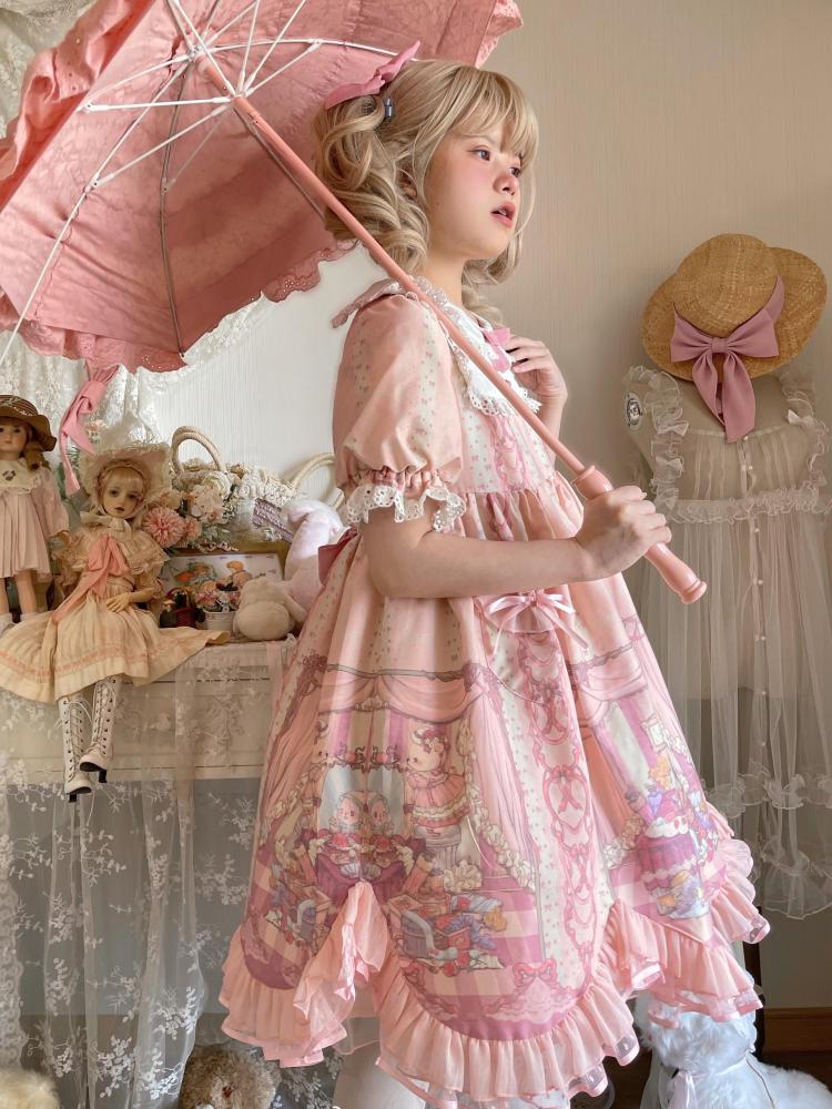 Sweet Rococo Bear, Cat and Rabbit Print Short Sleeves One Piece