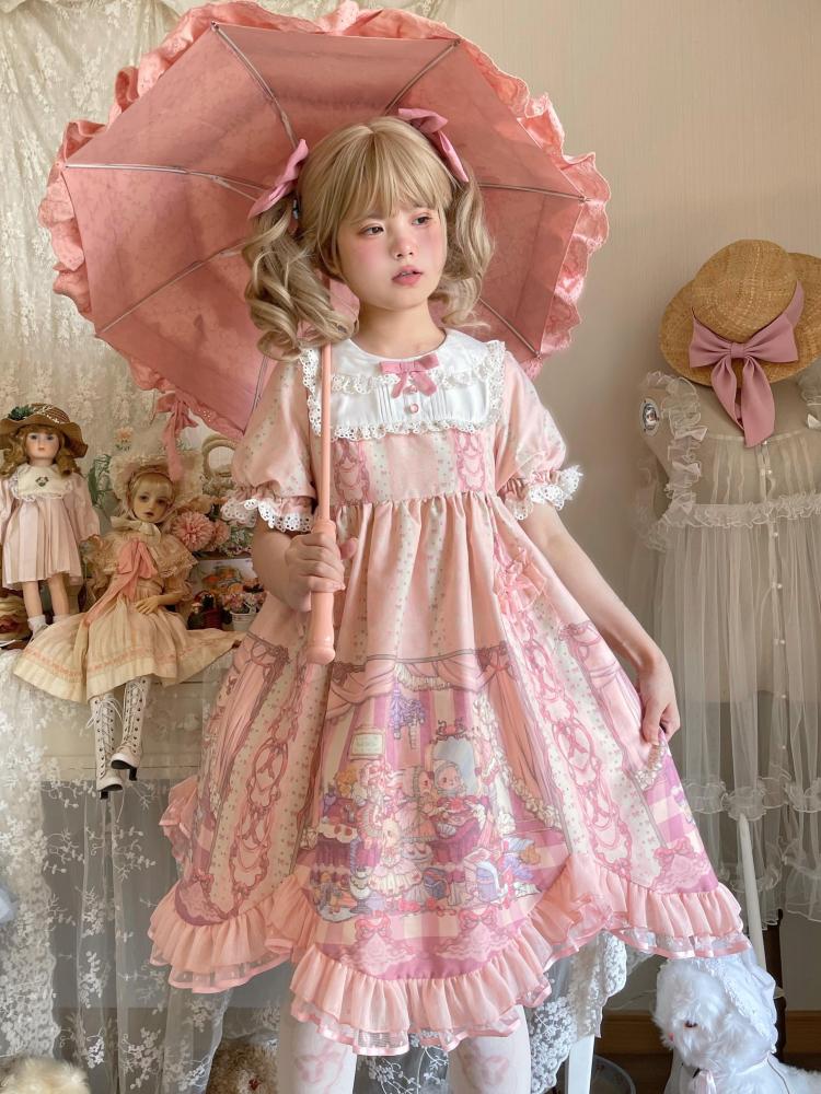 Sweet Rococo Bear, Cat and Rabbit Print Short Sleeves One Piece