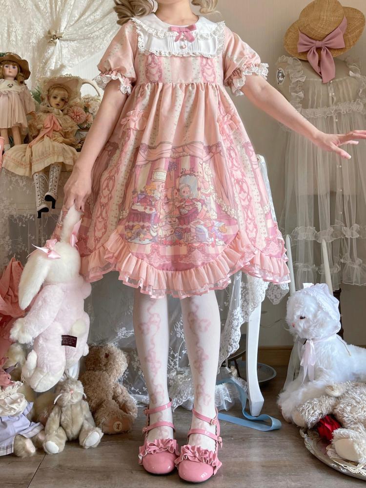 Sweet Rococo Bear, Cat and Rabbit Print Short Sleeves One Piece